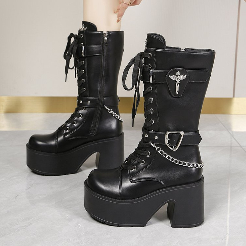 Goth Platform Chunky High Heel - Motorcycle Chain 评论和价格